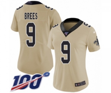 Women's New Orleans Saints #9 Drew Brees Limited Gold Inverted Legend 100th Season Football Jersey