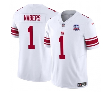 Men's New York Giants #1 Malik Nabers White 2024 Draft F.U.S.E. 100TH Season Patch Vapor Untouchable Limited Stitched Jersey