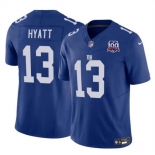 Men's New York Giants #13 Jalin Hyatt Blue 2024 F.U.S.E. 100TH Season Patch Vapor Untouchable Limited Stitched Jersey