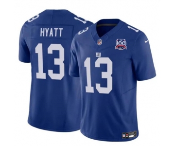 Men's New York Giants #13 Jalin Hyatt Blue 2024 F.U.S.E. 100TH Season Patch Vapor Untouchable Limited Stitched Jersey