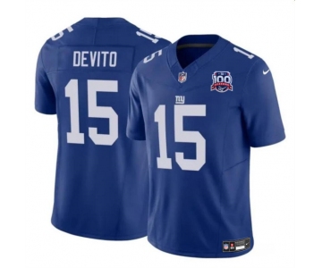 Men's New York Giants #15 Tommy DeVito Blue 2024 F.U.S.E. 100TH Season Patch Vapor Untouchable Limited Stitched Jersey