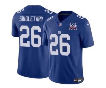 Men's New York Giants #26 Devin Singletary Blue 2024 F.U.S.E. 100TH Season Patch Vapor Untouchable Limited Stitched Jersey