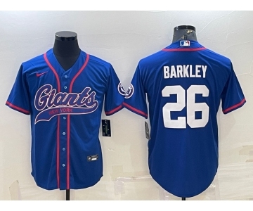 Men's New York Giants #26 Saquon Barkley Blue With Patch Cool Base Stitched Baseball Jersey