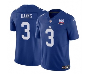 Men's New York Giants #3 Deonte Banks Blue 2024 F.U.S.E. 100TH Season Patch Vapor Untouchable Limited Stitched Jersey