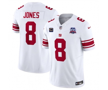 Men's New York Giants #8 Daniel Jones White 2024 F.U.S.E. With 4-Star C Patch And 100TH Season Patch Vapor Untouchable Limited Stitched Jersey