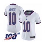 Women's New York Giants #10 Eli Manning Limited White Rush Vapor Untouchable 100th Season Football Jersey