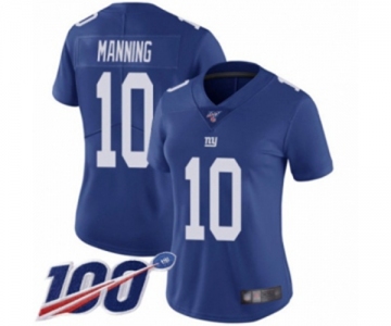 Women's New York Giants #10 Eli Manning Royal Blue Team Color Vapor Untouchable Limited Player 100th Season Football Jersey