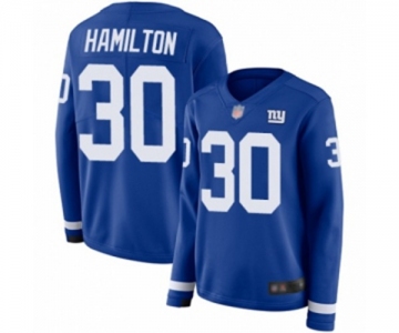 Women's New York Giants #30 Antonio Hamilton Limited Royal Blue Therma Long Sleeve Football Jersey