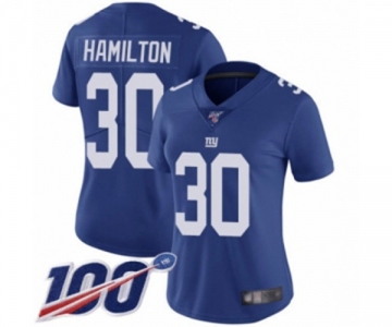 Women's New York Giants #30 Antonio Hamilton Royal Blue Team Color Vapor Untouchable Limited Player 100th Season Football Jersey