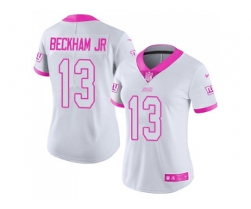 Women's Nike New York Giants #13 Odell Beckham Jr White Pink Stitched NFL Limited Rush Fashion Jersey