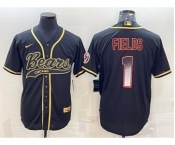 Men's Chicago Bears #1 Justin Fields Black Gold With Patch Smoke Cool Base Stitched Baseball Jersey