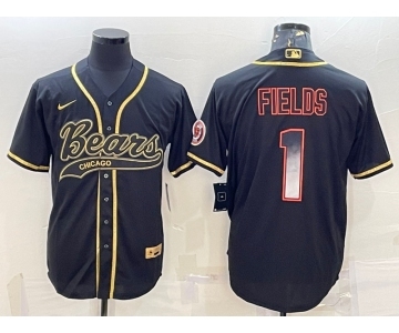 Men's Chicago Bears #1 Justin Fields Black Gold With Patch Smoke Cool Base Stitched Baseball Jersey