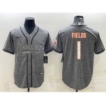 Men's Chicago Bears #1 Justin Fields Gray With Patch Cool Base Stitched Baseball Jersey