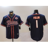 Men's Chicago Bears #1 Justin Fields Navy Throwback With Patch Cool Base Stitched Baseball Jersey