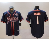 Men's Chicago Bears #1 Justin Fields Navy Throwback With Patch Cool Base Stitched Baseball Jersey