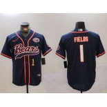 Men's Chicago Bears #1 Justin Fields Navy Throwback With Patch Cool Base Stitched Baseball Jerseys