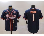 Men's Chicago Bears #1 Justin Fields Navy Throwback With Patch Cool Base Stitched Baseball Jerseys