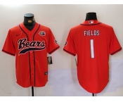 Men's Chicago Bears #1 Justin Fields Orange Throwback With Patch Cool Base Stitched Baseball Jersey