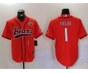 Men's Chicago Bears #1 Justin Fields Orange Throwback With Patch Cool Base Stitched Baseball Jerseys