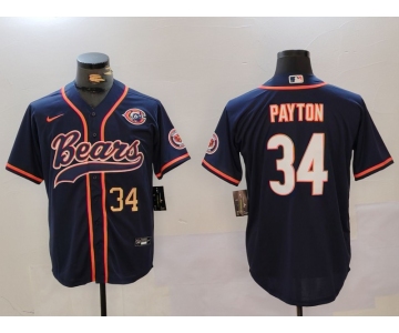 Men's Chicago Bears #34 Walter Payton Navy Throwback With Patch Cool Base Stitched Baseball Jerseys