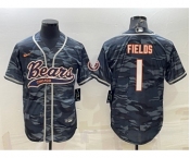 Men's Chicago Bears Blank #1 Justin Fields Grey Camo With Patch Cool Base Stitched Baseball Jersey