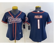 Women's Chicago Bears #1 Justin Fields Navy With Patch Cool Base Stitched Baseball Jersey