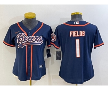 Women's Chicago Bears #1 Justin Fields Navy With Patch Cool Base Stitched Baseball Jersey