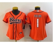 Women's Chicago Bears #1 Justin Fields Orange With Patch Cool Base Stitched Baseball Jersey