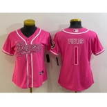 Women's Chicago Bears #1 Justin Fields Pink With Patch Cool Base Stitched Baseball Jersey