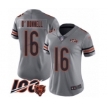 Women's Chicago Bears #16 Pat O'Donnell Limited Silver Inverted Legend 100th Season Football Jersey