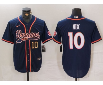 Men's Denver Broncos #10 Bo Nix Number Navy Cool Base Stitched Baseball Jersey