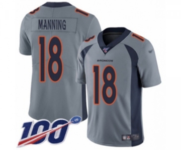 Men's Denver Broncos #18 Peyton Manning Limited Silver Inverted Legend 100th Season Football Jersey