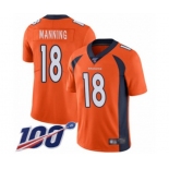 Men's Denver Broncos #18 Peyton Manning Orange Team Color Vapor Untouchable Limited Player 100th Season Football Jersey