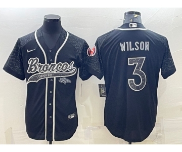 Men's Denver Broncos #3 Russell Wilson Black Reflective With Patch Cool Base Stitched Baseball Jersey