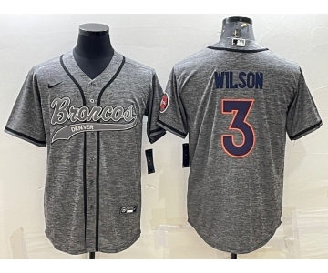 Men's Denver Broncos #3 Russell Wilson Grey Gridiron With Patch Cool Base Stitched Baseball Jersey