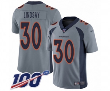 Men's Denver Broncos #30 Phillip Lindsay Limited Silver Inverted Legend 100th Season Football Jersey