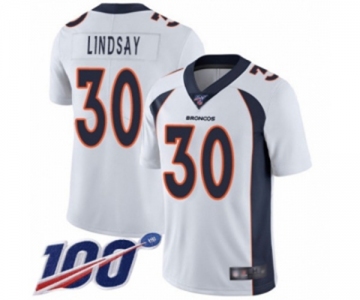 Men's Denver Broncos #30 Phillip Lindsay White Vapor Untouchable Limited Player 100th Season Football Jersey