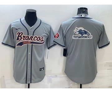 Men's Denver Broncos Gray Team Big Logo With Patch Cool Base Stitched Baseball Jersey