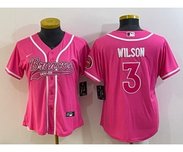 Women's Denver Broncos #3 Russell Wilson Pink With Patch Cool Base Stitched Baseball Jersey