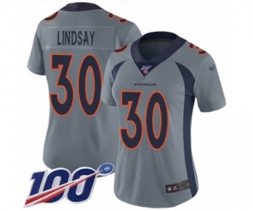 Women's Denver Broncos #30 Phillip Lindsay Limited Silver Inverted Legend 100th Season Football Jersey