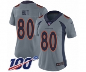 Women's Denver Broncos #80 Jake Butt Limited Silver Inverted Legend 100th Season Football Jersey