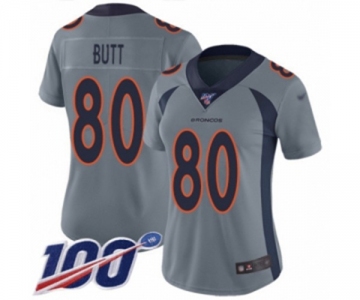 Women's Denver Broncos #80 Jake Butt Limited Silver Inverted Legend 100th Season Football Jersey