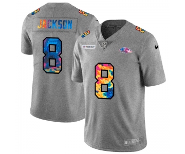 Baltimore Ravens #8 Lamar Jackson Men's Nike Multi-Color 2020 NFL Crucial Catch NFL Jersey Greyheather