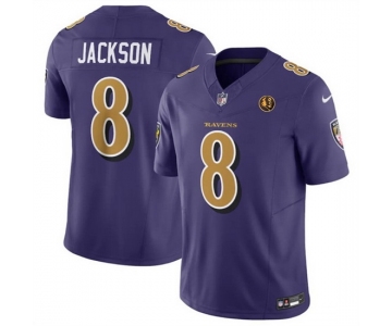 Men Baltimore Ravens #8 Lamar Jackson Purple 2023 F U S E With John Madden Patch Color Rush Limited Stitched Football Jersey