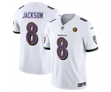 Men Baltimore Ravens #8 Lamar Jackson White 2023 F U S E With John Madden Patch Vapor Limited Football Jersey