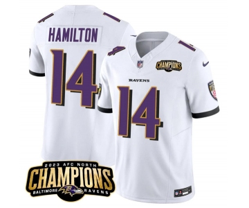 Men's Baltimore Ravens #14 Kyle Hamilton White 2023 F.U.S.E. AFC North Champions Vapor Limited Football Stitched Jersey