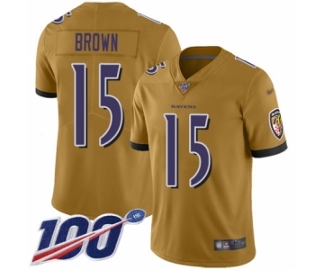 Men's Baltimore Ravens #15 Marquise Brown Limited Gold Inverted Legend 100th Season Football Jersey