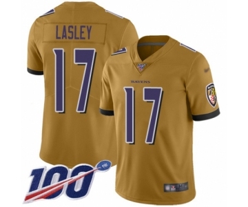 Men's Baltimore Ravens #17 Jordan Lasley Limited Gold Inverted Legend 100th Season Football Jersey