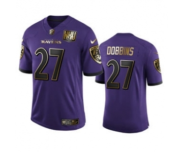 Men's Baltimore Ravens #27 J.K. Dobbins Purple Team 25th Season Golden Limited Football Jersey