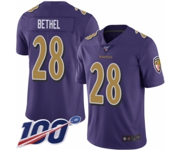 Men's Baltimore Ravens #28 Justin Bethel Limited Purple Rush Vapor Untouchable 100th Season Football Jersey